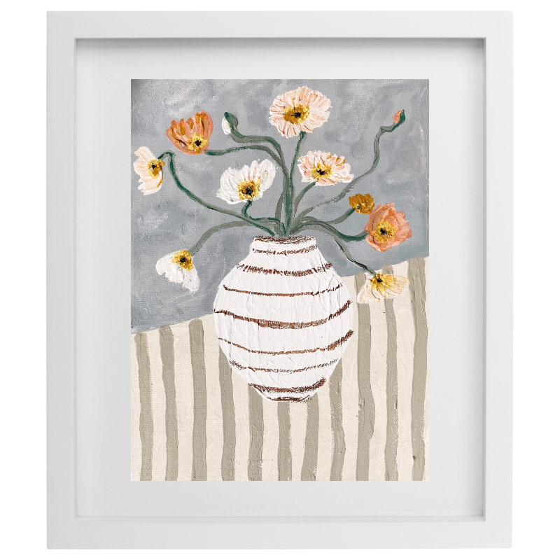Abstract striped vase with flowers in neutral colours with a white frame