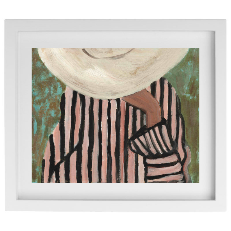 Person in a striped outfit and sunhat artwork in a white frame