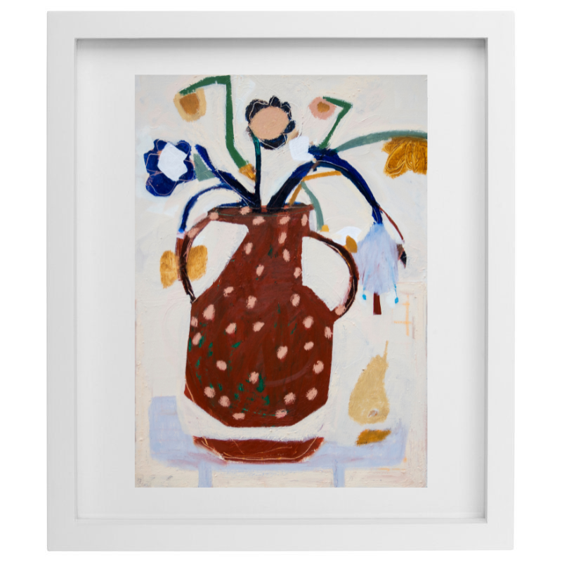 Abstract artwork of flowers in a polka dot vase in a muted colour palette with a white frame