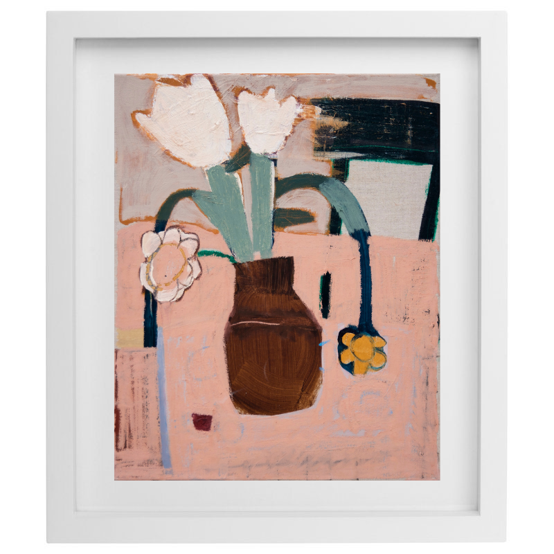 Abstract artwork of flowers in a vase with a dusty pink background in a white frame