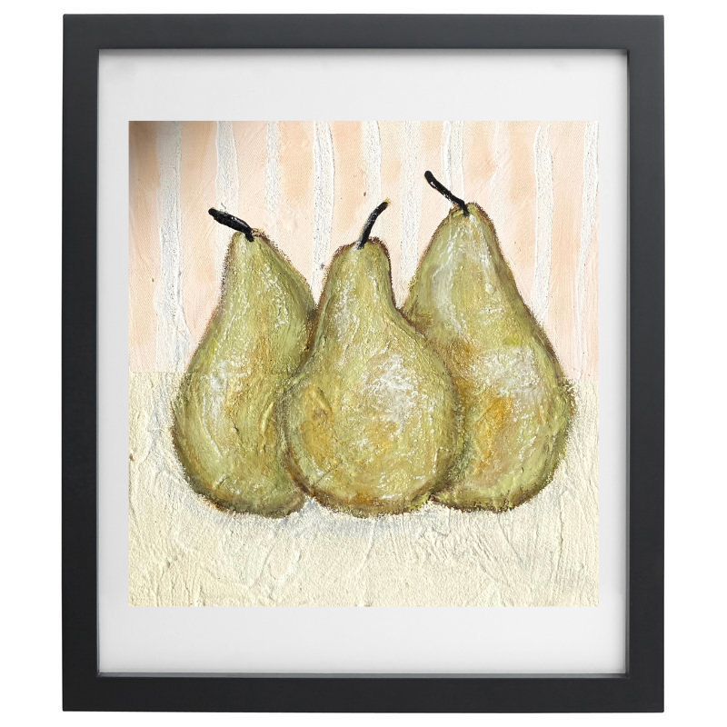 Artwork of pears over a striped background in neutral colours with a black frame