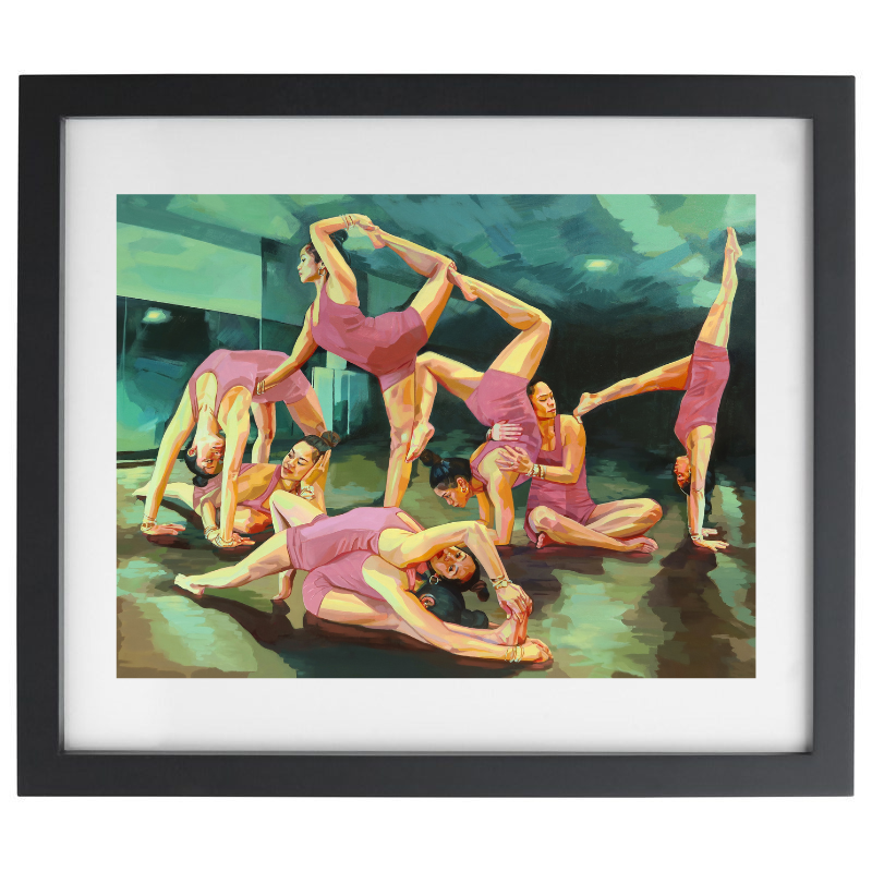 Ballerinas over a green background artwork in a black frame
