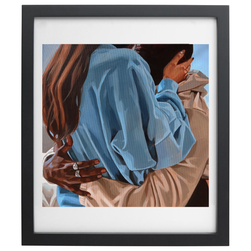 Blue, beige, and brown embrace artwork in a black frame