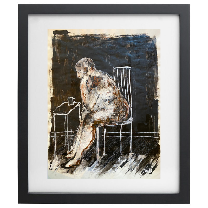 Abstract artwork of a human figure sitting on a chair in a black frame