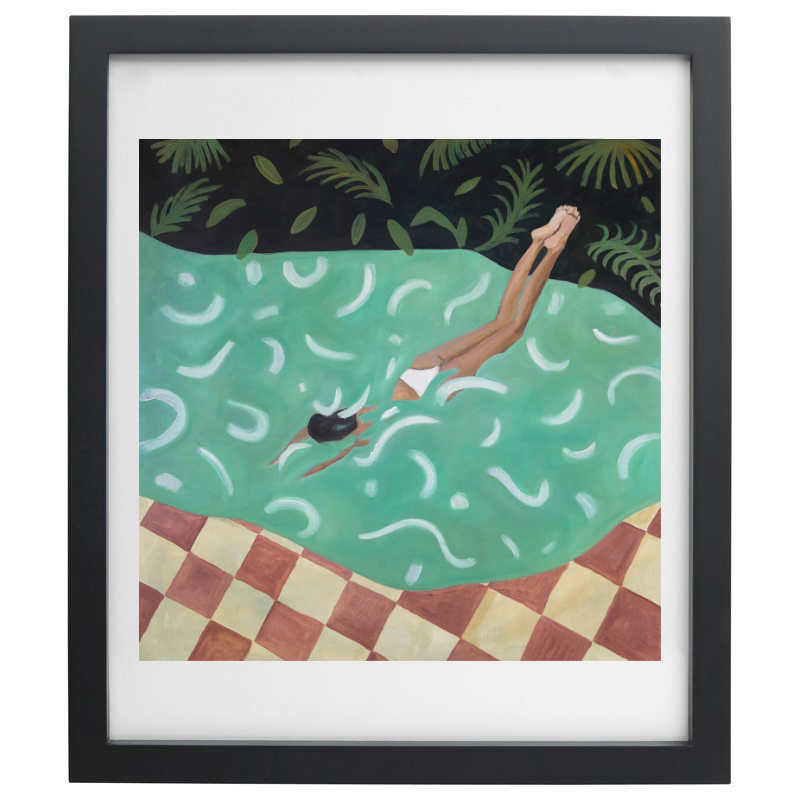 Woman diving into pool artwork in a black frame