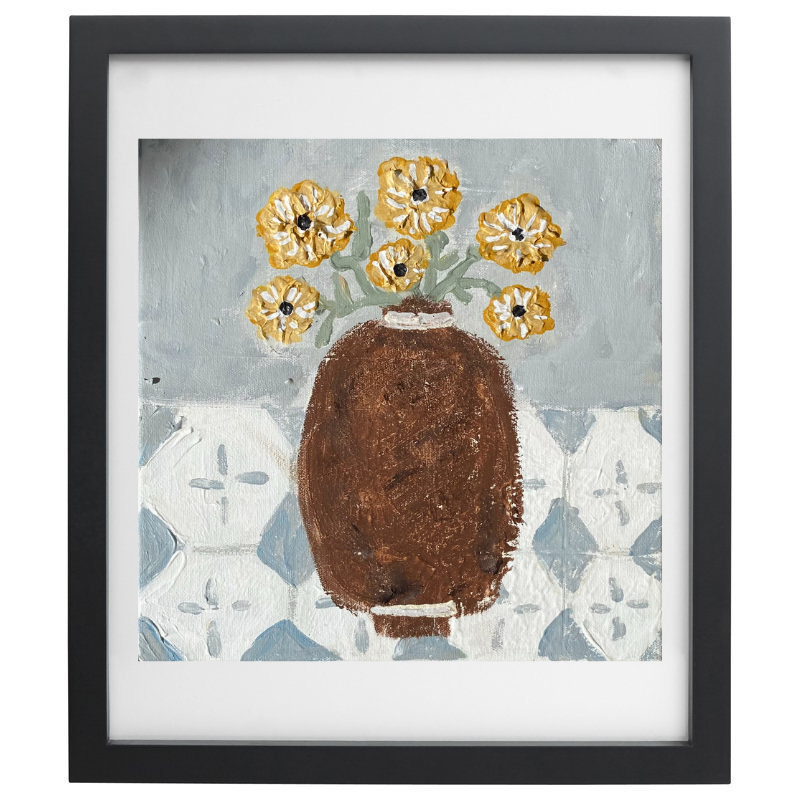Abstract brown vase with yellow flowers artwork in a black frame