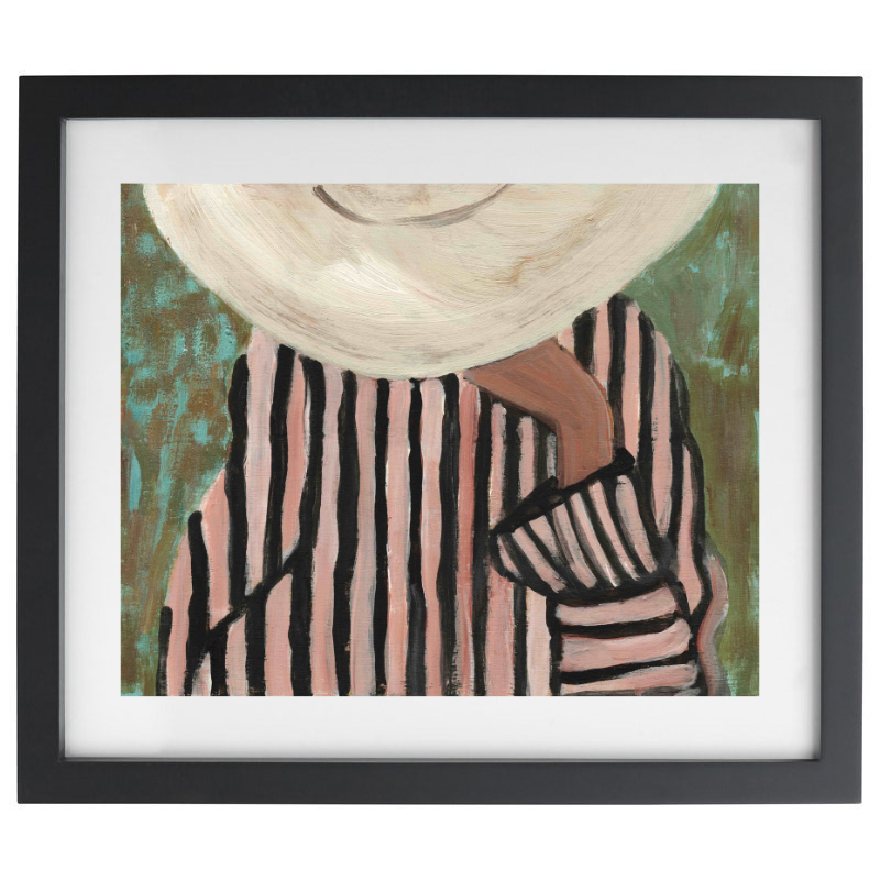 Person in a striped outfit and sunhat artwork in a black frame