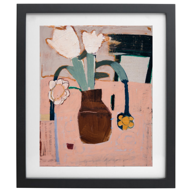 Abstract artwork of flowers in a vase with a dusty pink background in a black frame