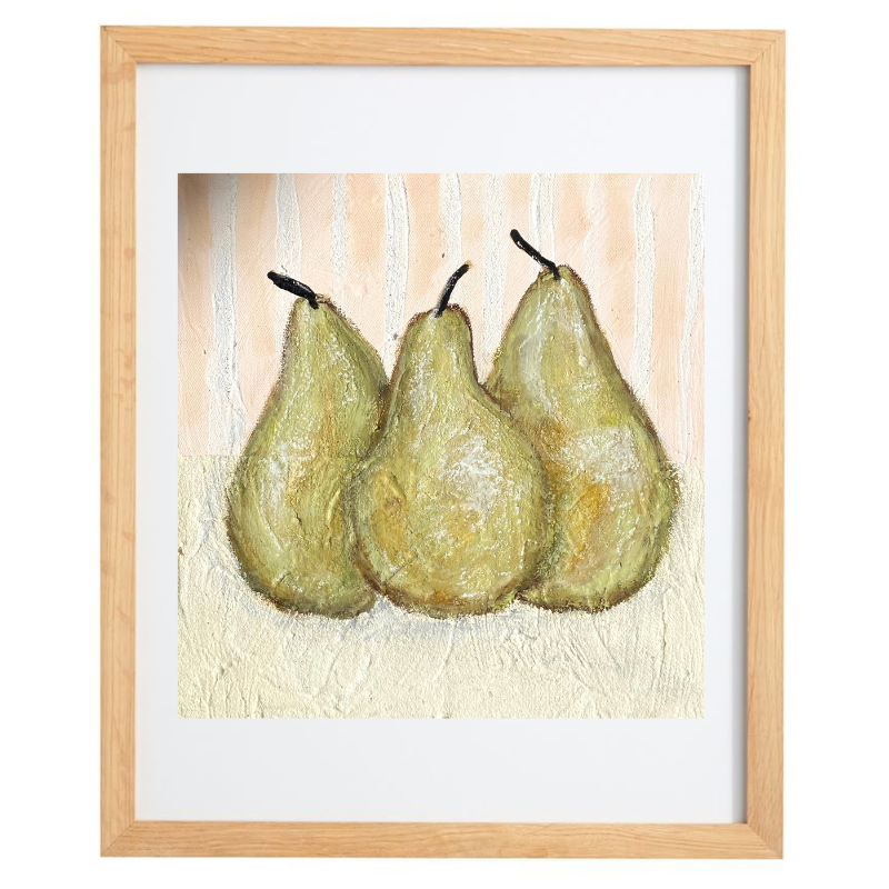 Artwork of pears over a striped background in neutral colours with a natural frame