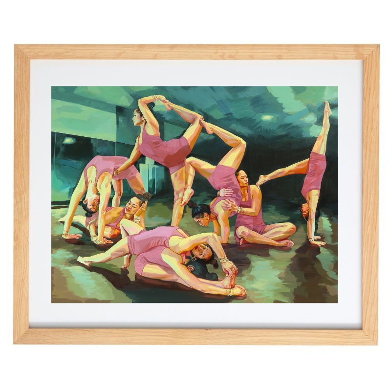 Ballerinas over a green background artwork in a natural frame