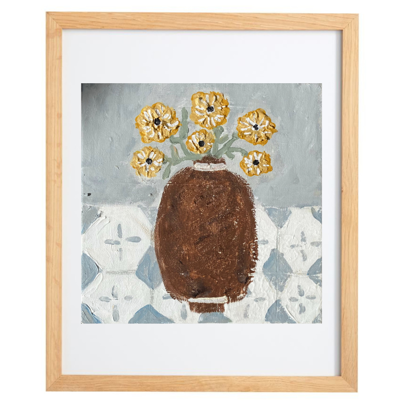 Abstract brown vase with yellow flowers artwork in a natural frame