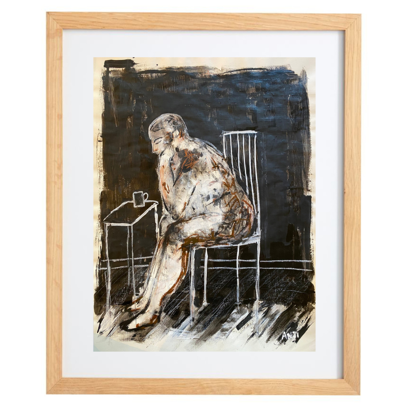 Abstract artwork of a human figure sitting on a chair in a natural frame