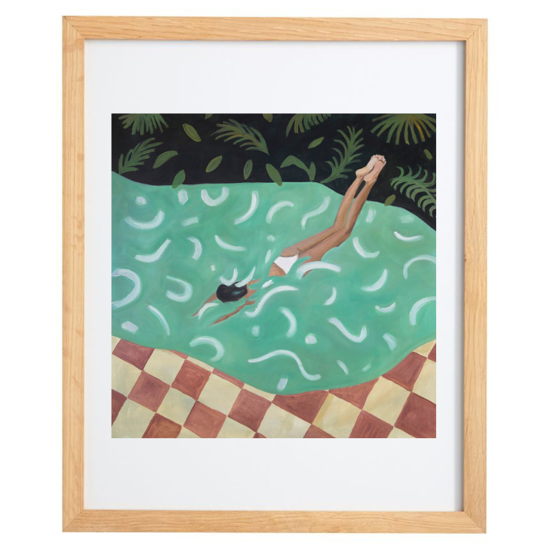 Woman diving into pool artwork in a natural frame