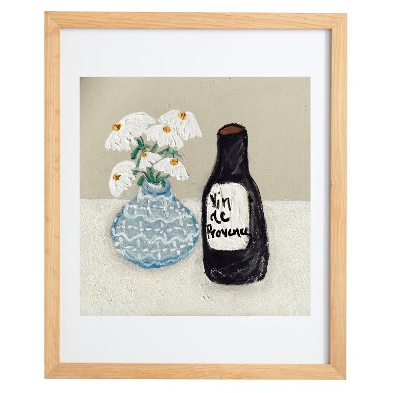 Bottle of wine and vase of flowers artwork with a natural frame