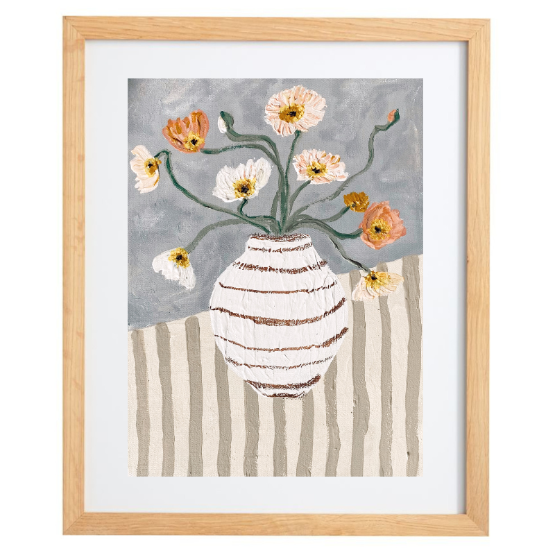 Abstract striped vase with flowers in neutral colours with a natural frame