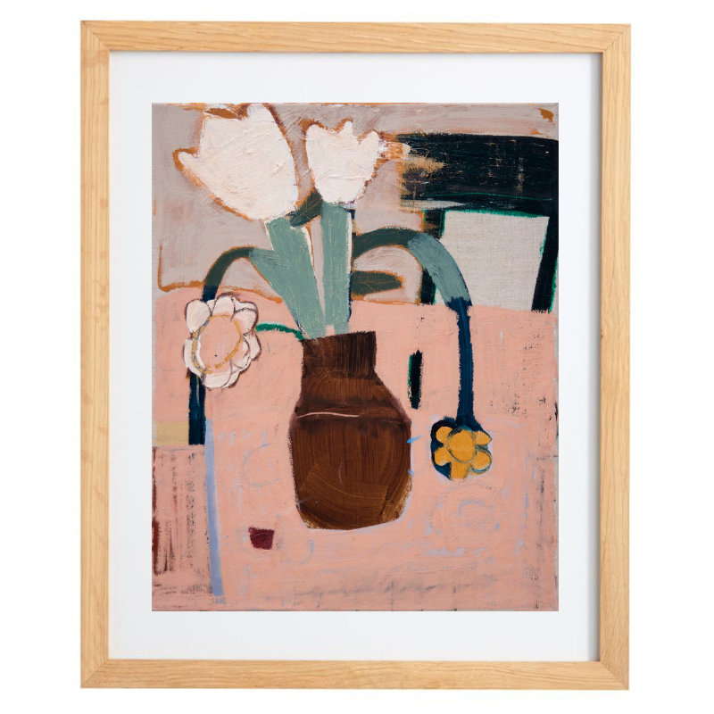 Abstract artwork of flowers in a vase with a dusty pink background in a natural frame