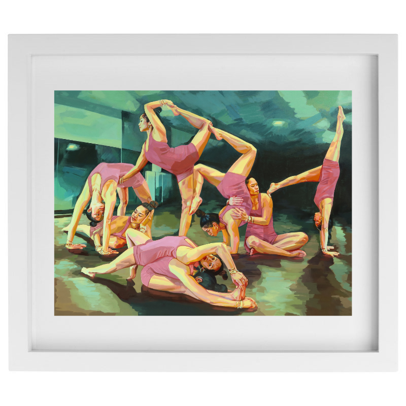 Ballerinas over a green background artwork in a white frame