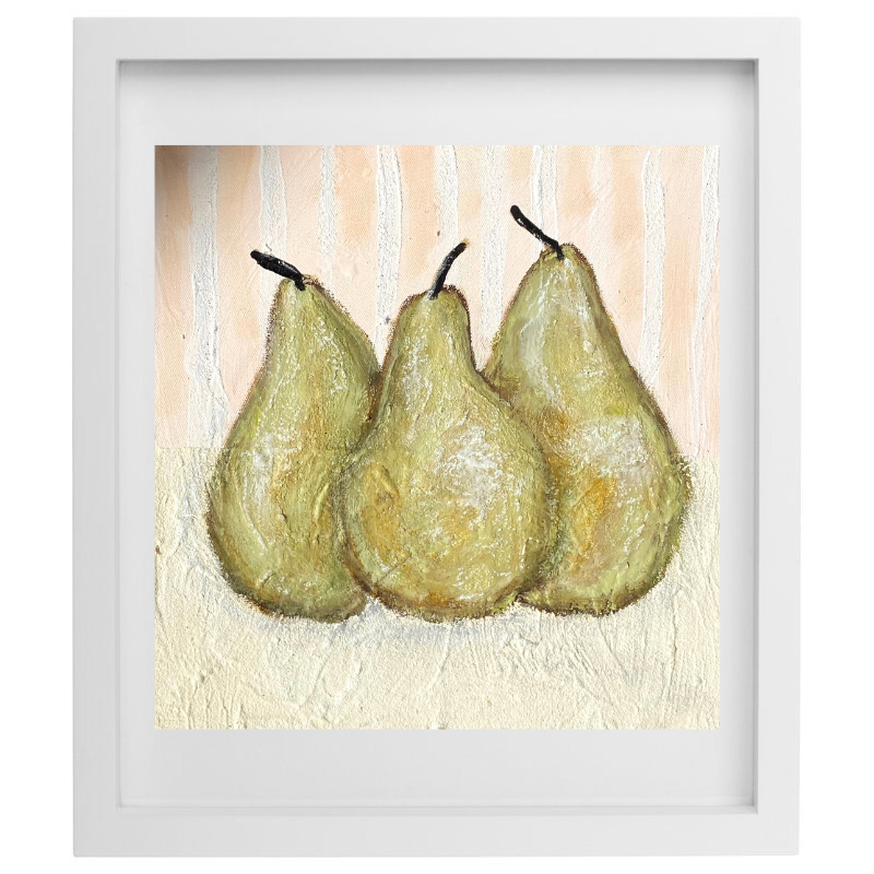 Artwork of pears over a striped background in neutral colours with a white frame