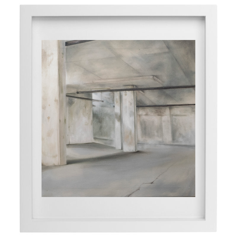 Industrial building artwork in a white frame