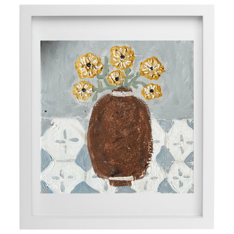 Abstract brown vase with yellow flowers artwork in a white frame