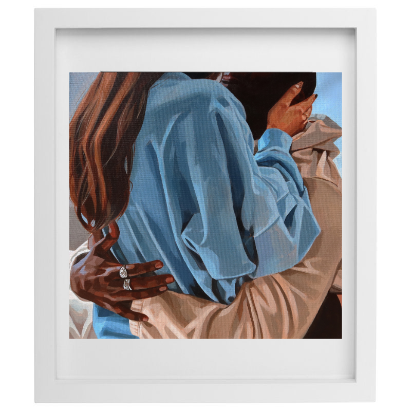 Blue, beige, and brown embrace artwork in a white frame