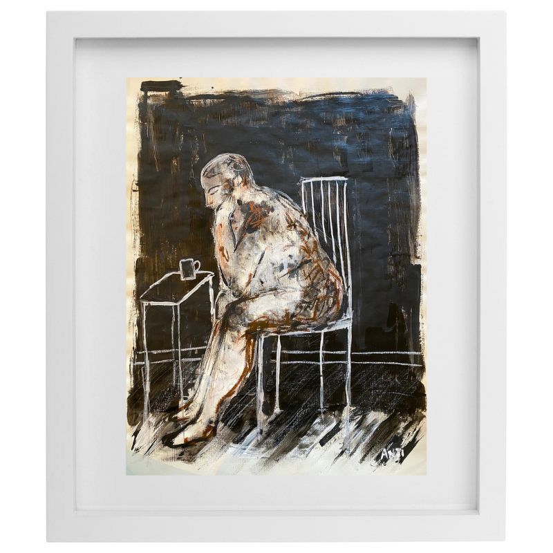 Abstract artwork of a human figure sitting on a chair in a white frame