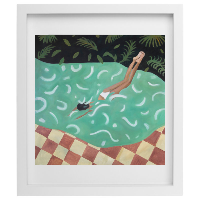 Woman diving into pool artwork in a white frame