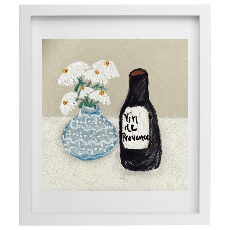 Bottle of wine and vase of flowers artwork with a white frame