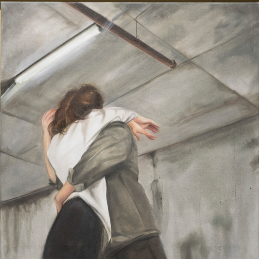 Artwork of two people embracing in a neutral colour palette