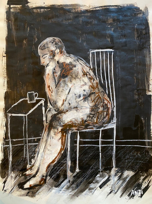 Abstract artwork of a human figure sitting on a chair 
