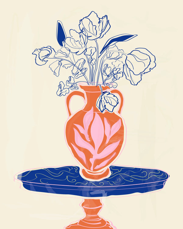 Rachel Joanis / Orange Vase with Blue Flowers