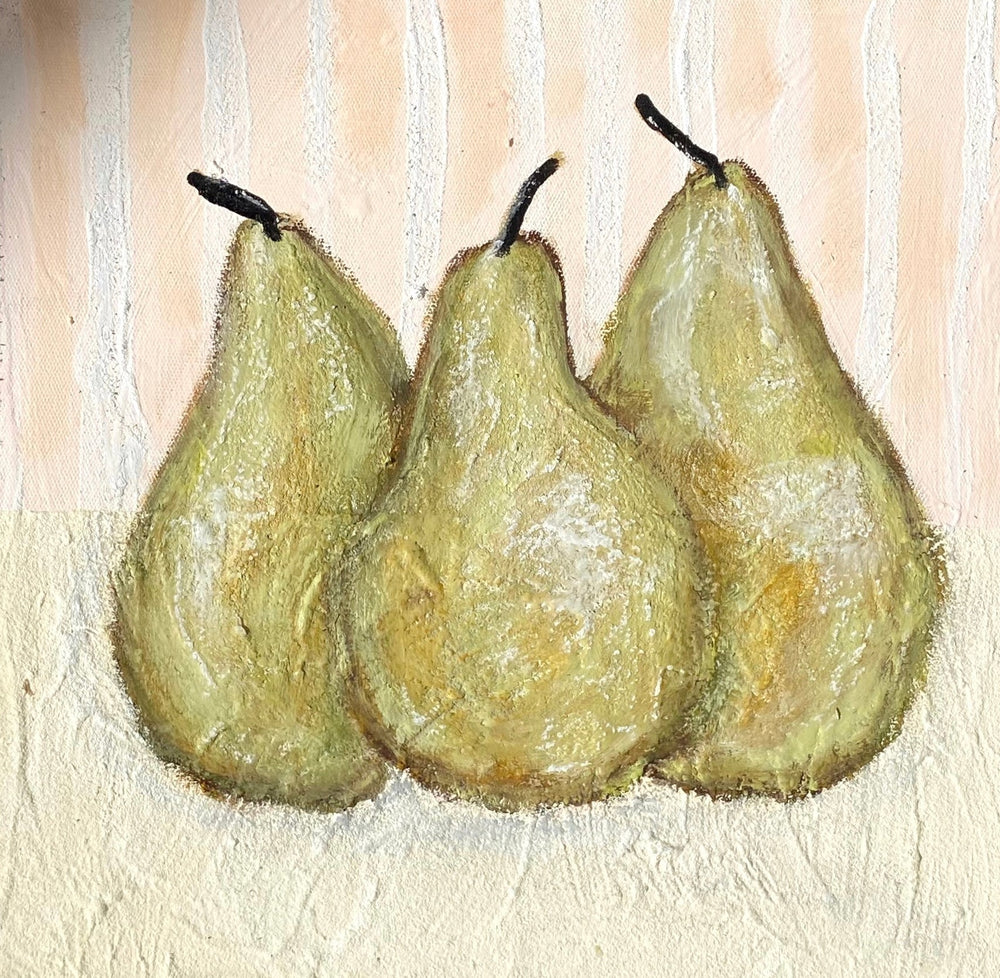 Artwork of pears over a striped background in neutral colours