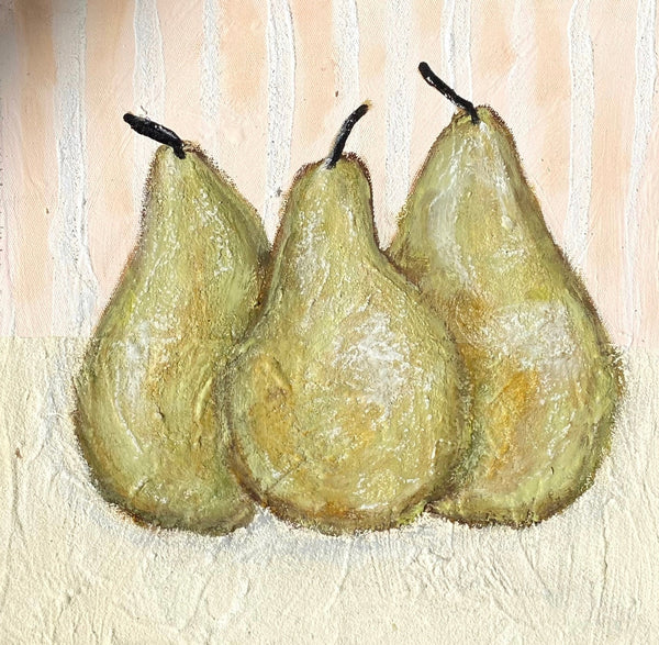 Artwork of pears over a striped background in neutral colours