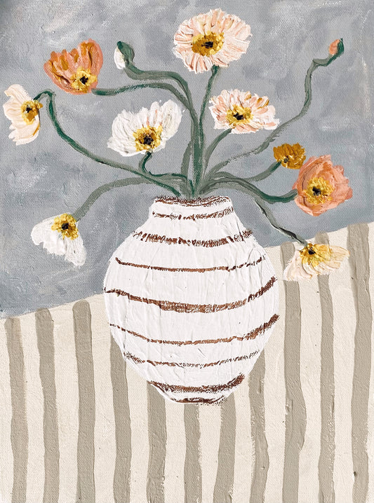 Abstract striped vase with flowers in neutral colours 