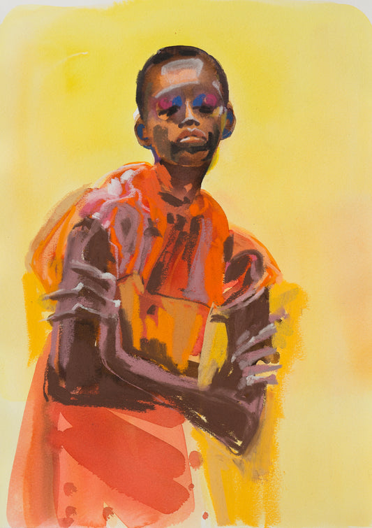 Abstract human form in an orange outfit over a yellow background