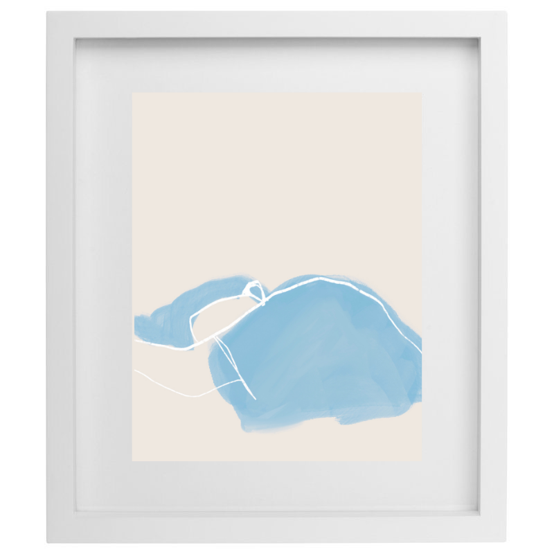 Blue watercolour and white line artwork in a white frame