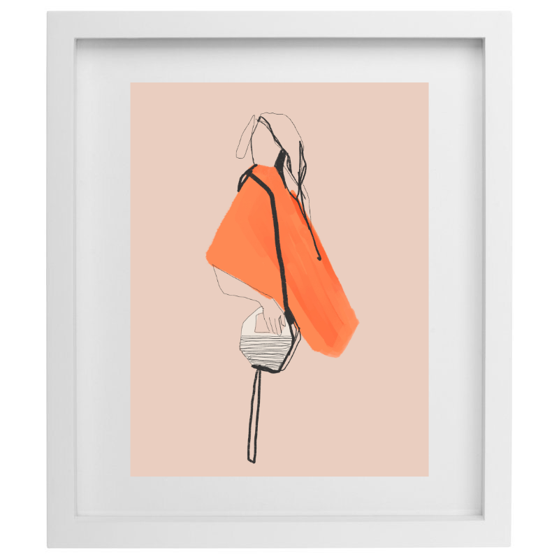 Minimalist orange fashion outfit artwork in a white frame