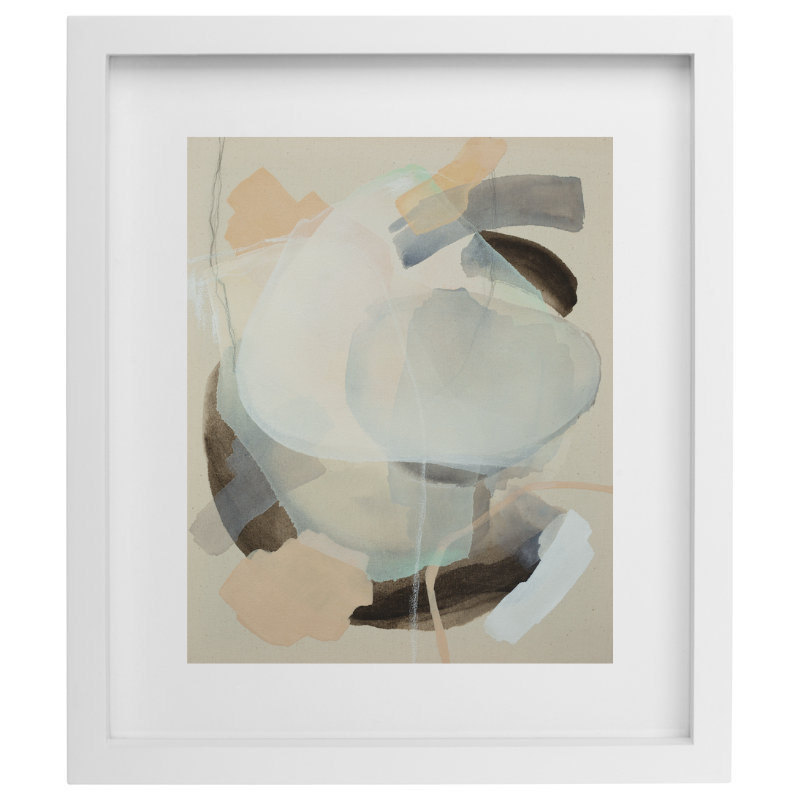 Abstract pastel and neutral colour artwork in a white frame