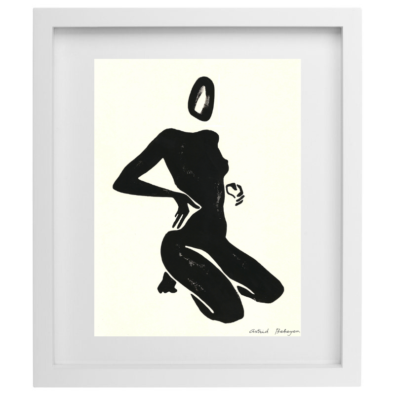 Minimalist female figure in black and white in a white frame