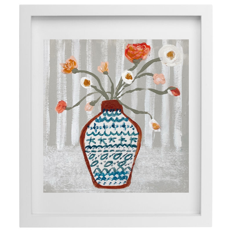 Artwork of flowers in a patterned vase with a striped background in a white frame