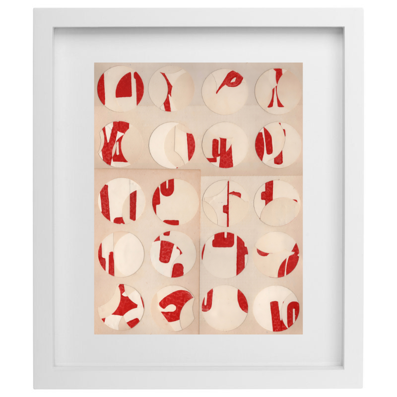 Abstract red and beige artwork in a white frame