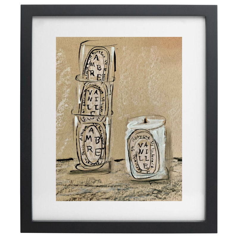 Empty Diptyque candle artwork in a black frame