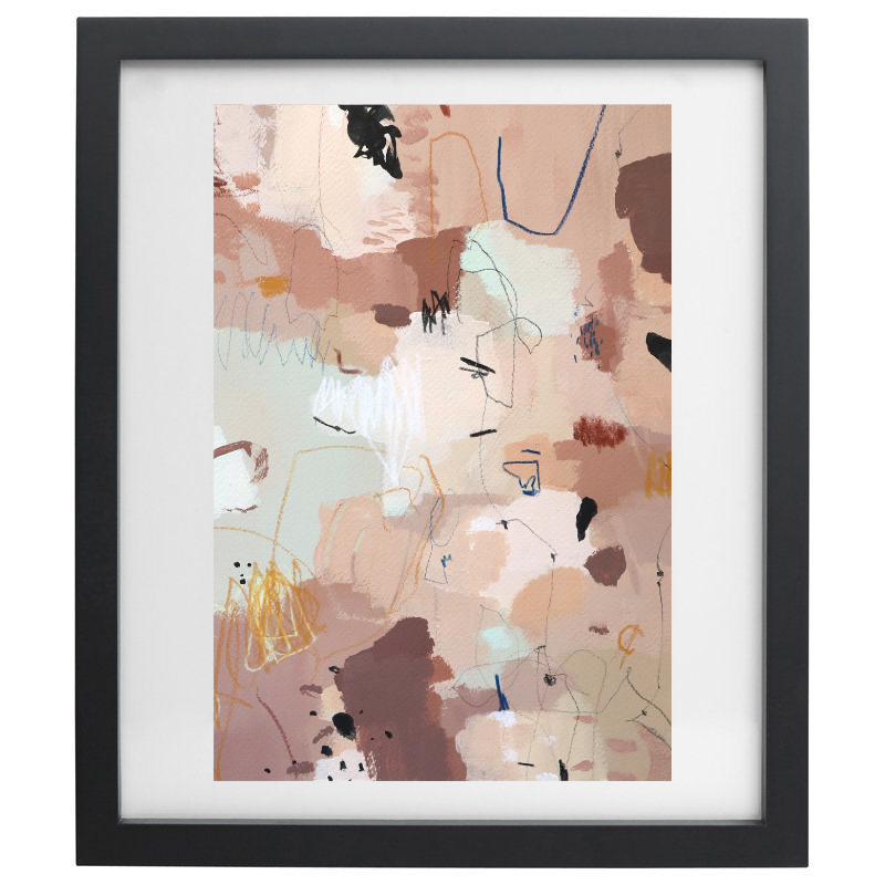 Neutral pink and beige abstract art in a black frame