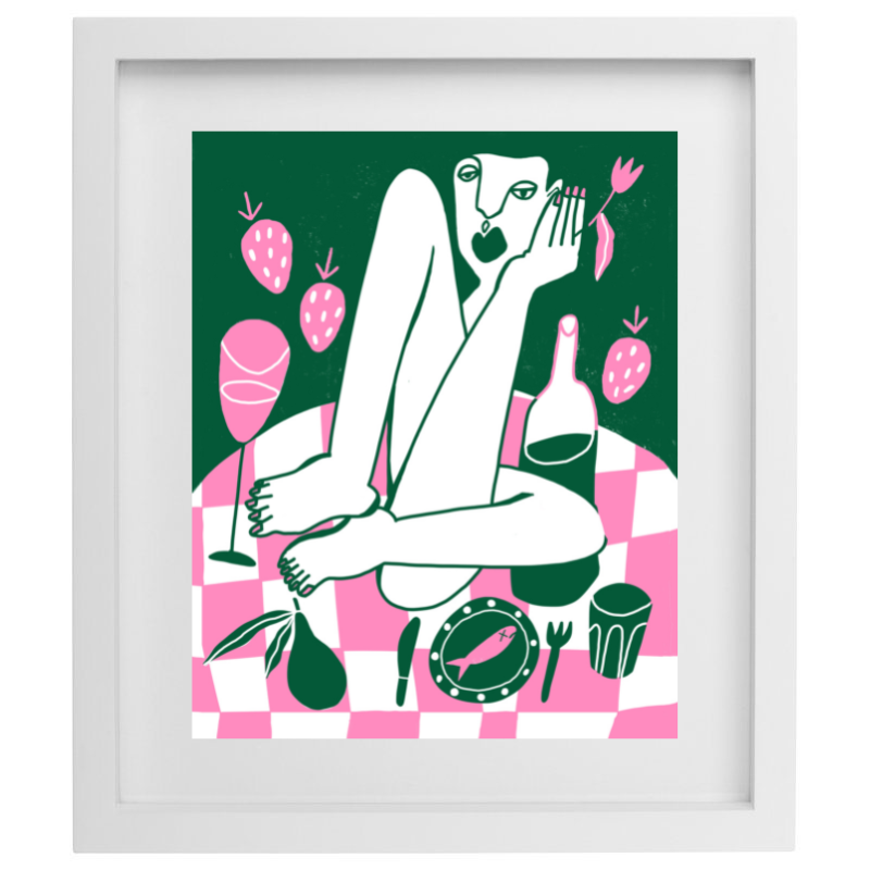 Green and pink abstract artwork in a white frame