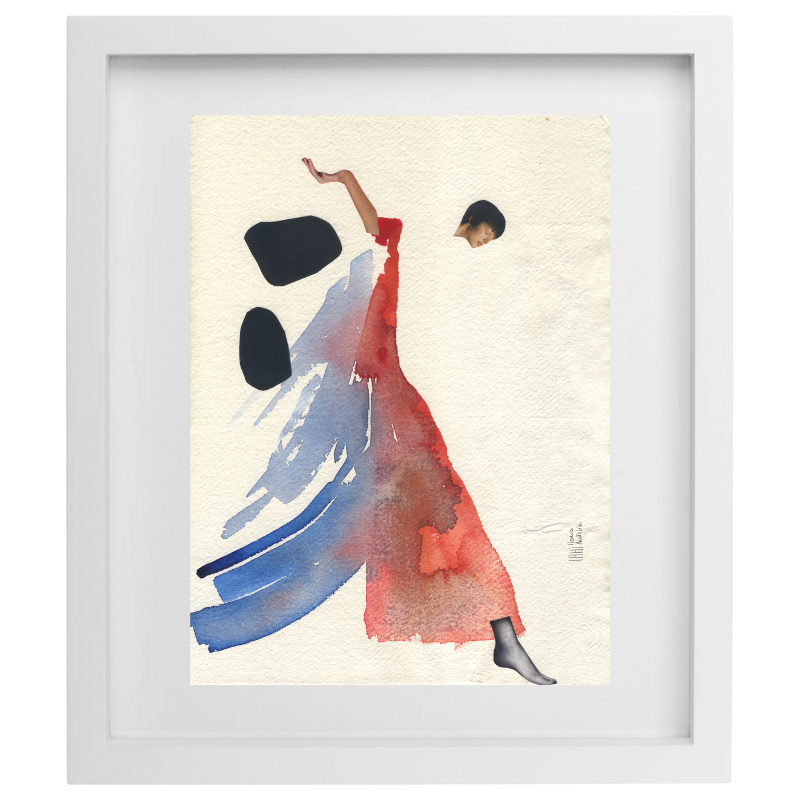 Blue and pink fashion watercolour artwork in a white frame