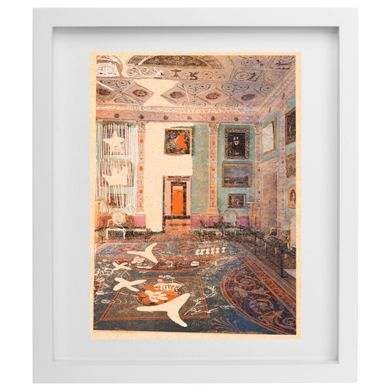 Interior design artwork with warm colour palette in a white frame