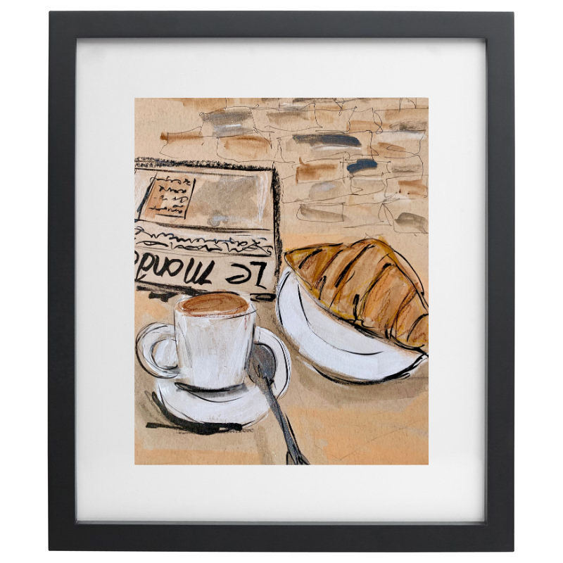 French breakfast artwork in a black frame