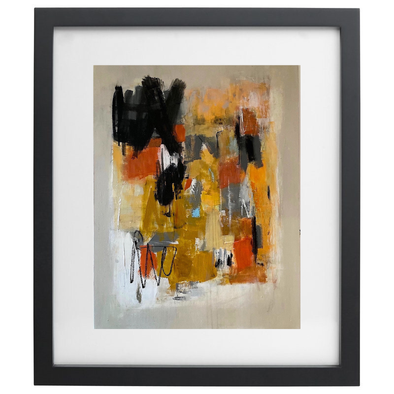 Yellow, orange, and black brushstroke artwork in a black frame
