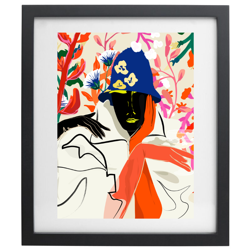 Floral colourful female figure artwork in a black frame