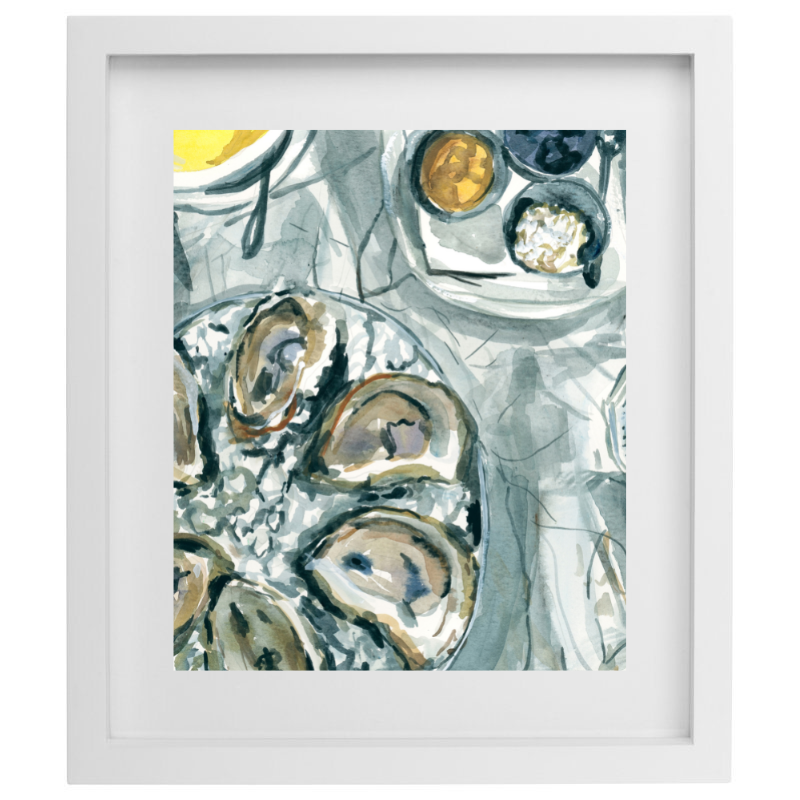 Oyster watercolour artwork in a white frame